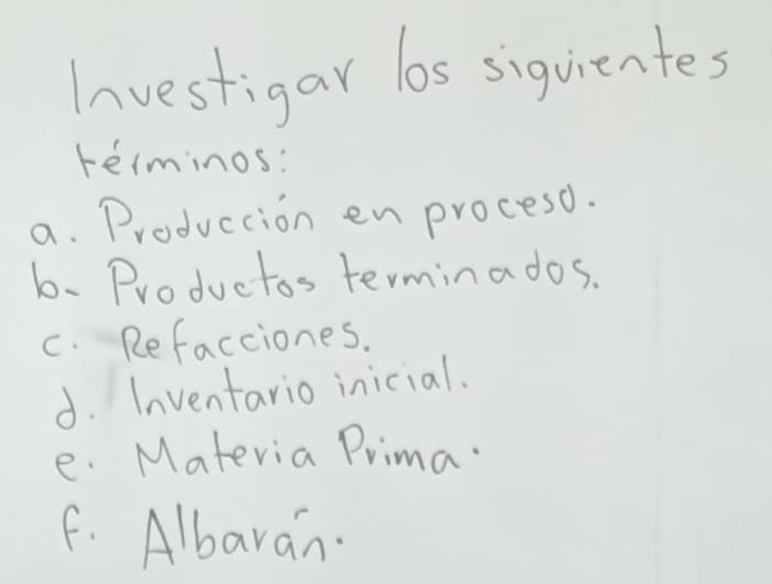 Investigar los siquientes
relminos:
a. Produccion en procesd.
6. Productos terminados.
c. Refacciones.
d. Inventario inicial.
e. Materia Prima.
F. Albaran.