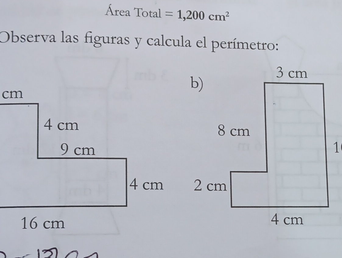 Área Total =1,200cm^2
Observa las figuras y calcula el perímetro: