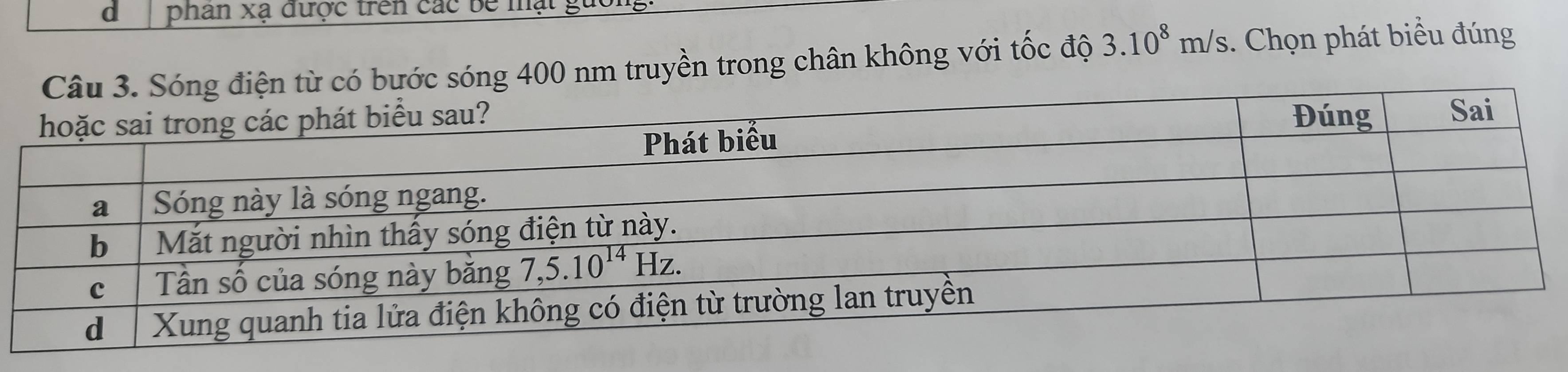 phan xạ được trên các bê mạt guo
có bước sóng 400 nm truyền trong chân không với tốc độ 3.10^8m/s. Chọn phát biểu đúng