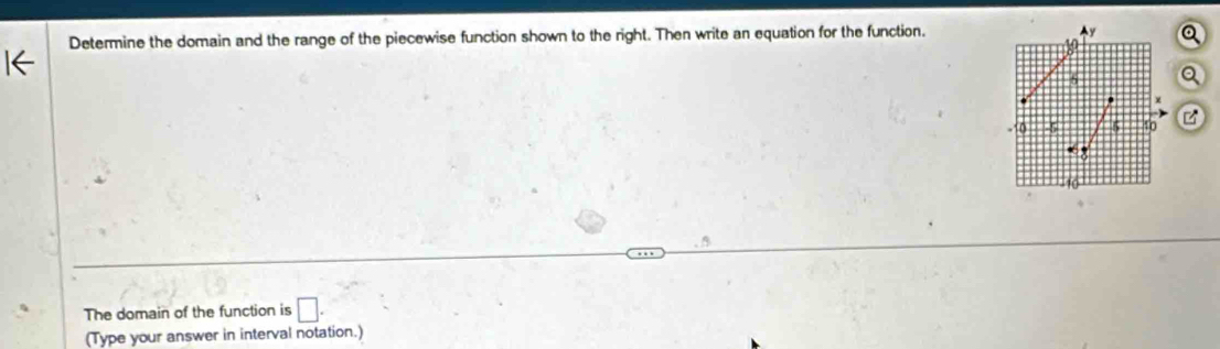 Ay 
Determine the domain and the range of the piecewise function shown to the right. Then write an equation for the function. a
5 a
χ
-10 -5 5 40
16
The domain of the function is □. 
(Type your answer in interval notation.)