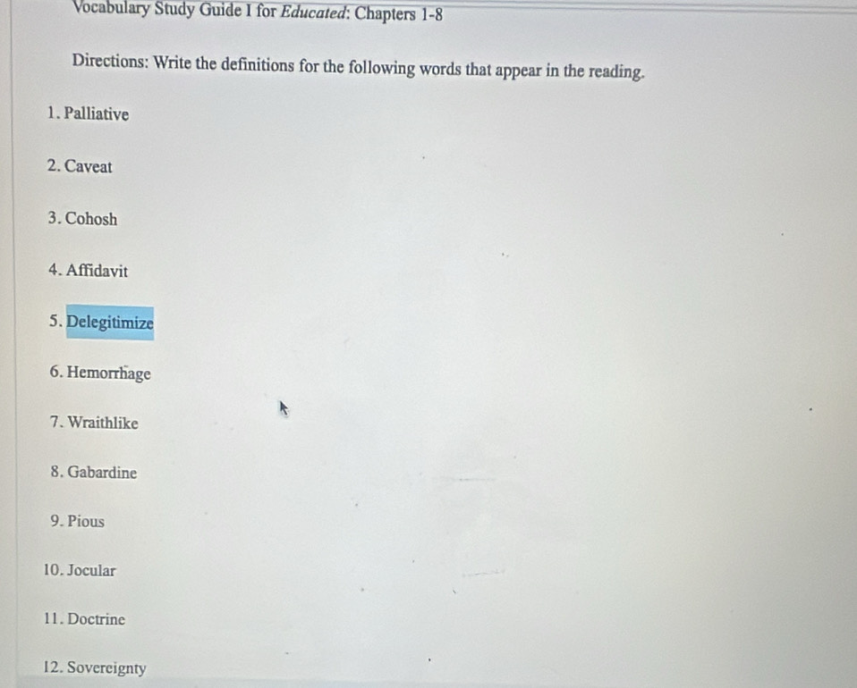 Solved: Vocabulary Study Guide I for Educated: Chapters 1-8 Directions ...