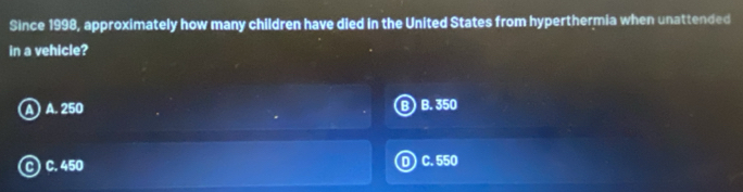 Since 1998, approximately how many children have died in the United States from hyperthermia when unattended
in a vehicle?
A. 250 B. 350
C. 450 C. 550
D)