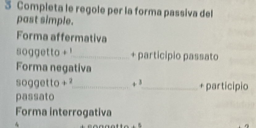 Completa le regole per la forma passiva del 
past simple. 
Forma affermativa 
soggetto+^1 _ + participio passato 
Forma negativa
soggetto+^2 _  + 3 _ 
+ participio 
passato 
Forma interrogativa