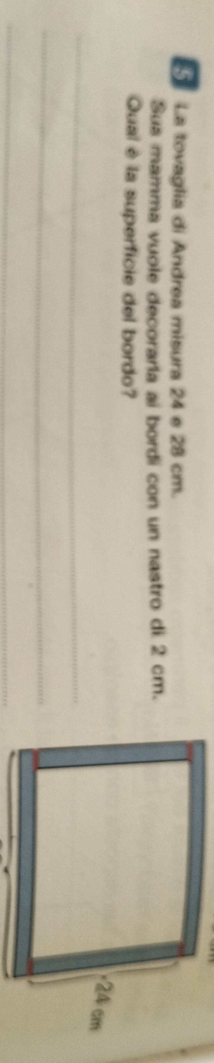 La tovaglia di Andrea misura 24 e 28 cm. 
Sus mamma vuole decoraría ai bordi con un nastro di 2 cm. 
Qual è la superficie del bordo? 
_ 
_ 
_