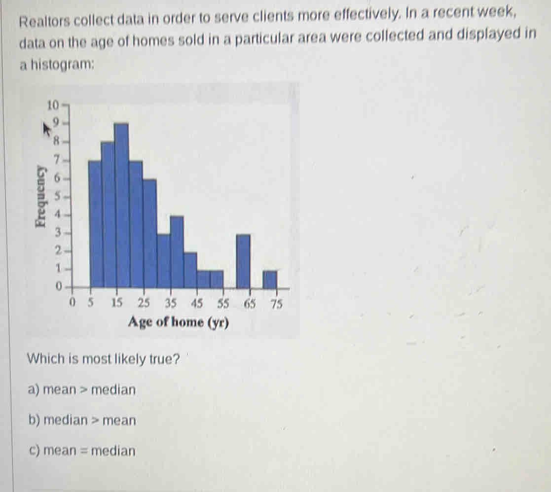 Realtors collect data in order to serve clients more effectively. In a recent week,
data on the age of homes sold in a particular area were collected and displayed in
a histogram:
Which is most likely true?
a) mean > median
b) median > mean
c) mean = median