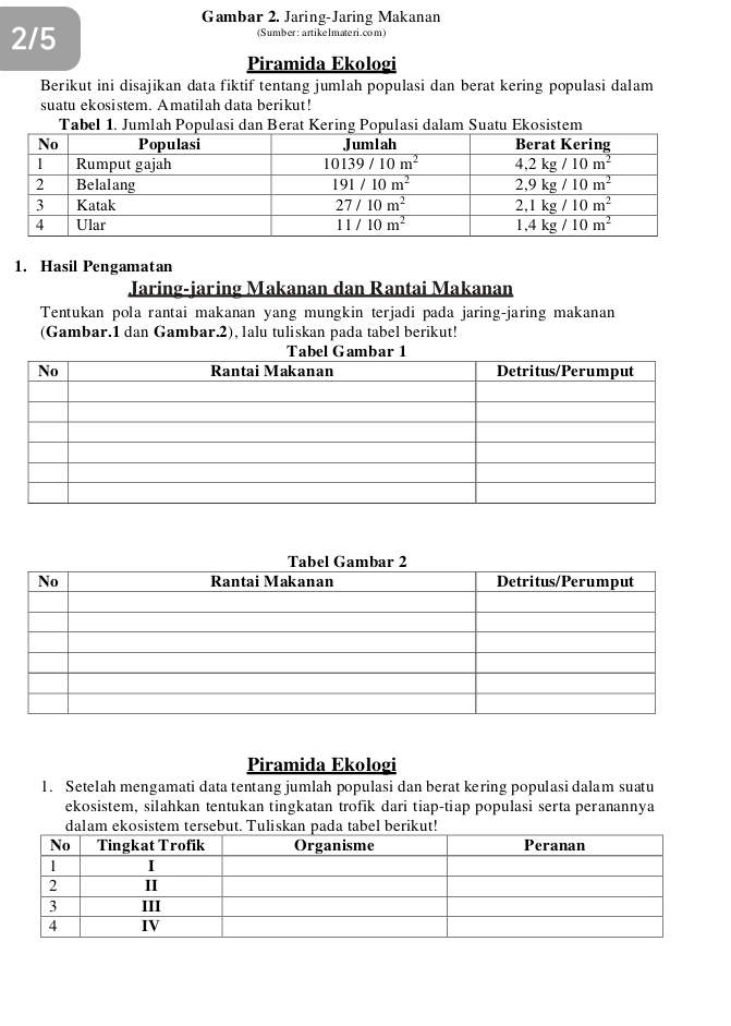 Gambar 2. Jaring-Jaring Makanan
2/5 (Sumber: artikelmateri.com)
Piramida Ekologi
Berikut ini disajikan data fiktif tentang jumlah populasi dan berat kering populasi dalam
suatu ekosistem. Amatilah data berikut!
Tabel 1. Jumlah Populasi dan Berat Kering Populasi dalam Suatu Ekosistem
1. Hasil Pengamatan
Jaring-jaring Makanan dan Rantai Makanan
Tentukan pola rantai makanan yang mungkin terjadi pada jaring-jaring makanan
(Gambar.1 dan Gambar.2), lalu tuliskan pada tabel berikut!
Piramida Ekologi
1. Setelah mengamati data tentang jumlah populasi dan berat kering populasi dalam suatu
ekosistem, silahkan tentukan tingkatan trofik dari tiap-tiap populasi serta peranannya
dalam m ter