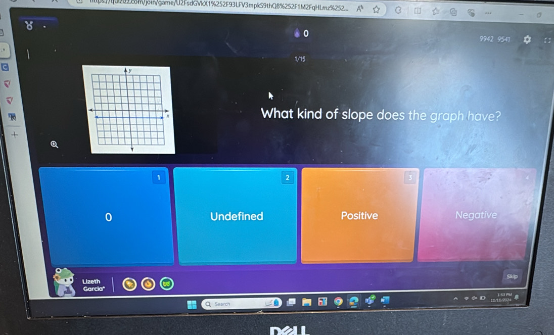 l22.com/join/game/U2FsdGVkX1%252F93LFV3mpkS9thQ8%252F1M2FqHLmz%252...

1/15
What kind of slope does the graph have?
1
2
0 Undefined Positive Negative
Lizeth Skip
Garcia'
Search