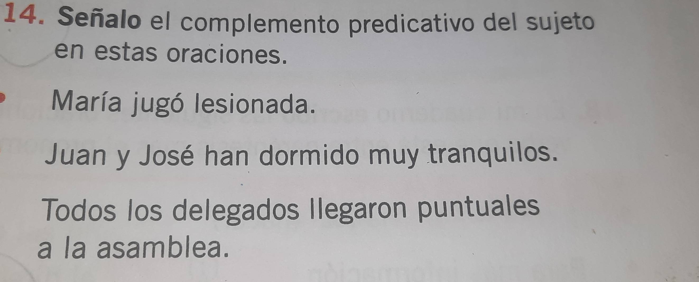 Señalo el complemento predicativo del sujeto
en estas oraciones.
María jugó lesionada.
Juan y José han dormido muy tranquilos.
Todos los delegados Ilegaron puntuales
a la asamblea.