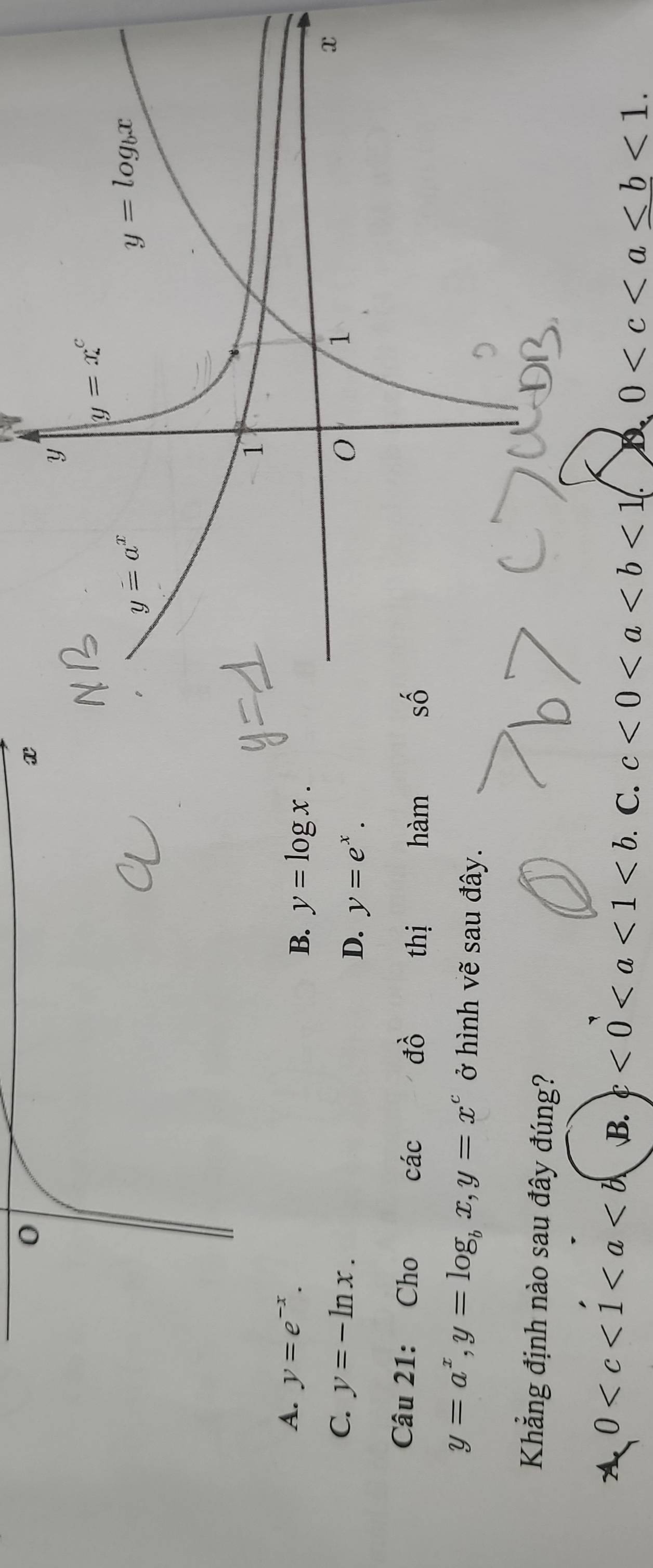 A. y=e^(-x).
B. y=log x.
C. y=-ln x. D. y=e^x.
Câu 21: Cho các dhat O thị hàm
y=a^x,y=log _bx,y=x^c ở hình vẽ sau đây.
Khẳng định nào sau đây đúng?
A 0 B..c<0<a<1<b. C. c<0<a D 0 <1.