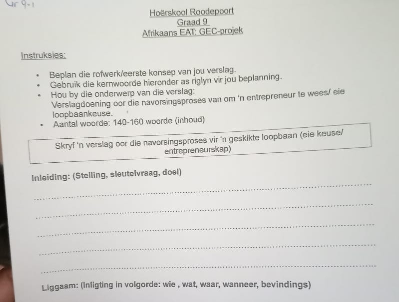 Hoërskool Roodepoort Graad 9 Afrikaans EAT: GEC-projek Instruksies ...