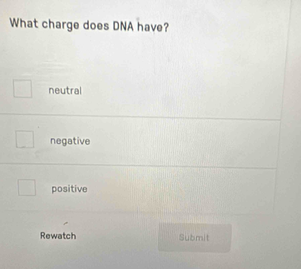 What charge does DNA have?
neutral
negative
positive
Rewatch Submit