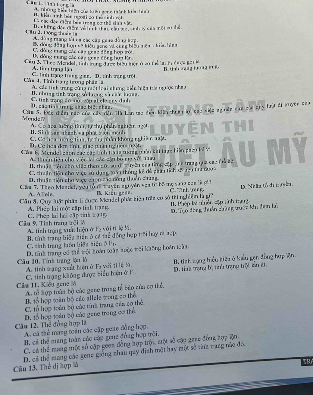 Tính trạng là
A. những biểu hiện của kiểu gene thành kiều hình
B. kiểu hình bên ngoài cơ thể sinh vật.
C. các đặc điểm bền trong cơ thể sinh vật.
D. những đặc điểm về hình thái, cầu tạo, sinh lý của một cơ thể,
Câu 2. Dòng thuần là
A. dòng mang tất cả các cặp gene đồng hợp.
B. dòng đồng hợp về kiều gene và cùng biểu hiện 1 kiểu hình.
C. dòng mang các cặp gene đồng hợp trội.
D. dòng mang các cặp gene đồng hợp lặn.
Câu 3. Theo Mendel, tính trang được biểu hiện ở cơ thể lai Fị được gọi là
A. tính trạng lặn. B. tính trạng tương ứng.
C. tính trạng trung gian. D. tính trạng trội.
Câu 4. Tính trạng tương phản là
A. các tính trang cùng một loại nhưng biểu hiện trái ngược nhau.
B. những tính trạng số lượng và chất lượng.
C. tính trạng do một cặp allele quy định.
D. các tính trạng khác biệt nhau.
Câu 5. Đặc điểm nào của cây đậu Hà Lan tạo điều kiện thuận lợi cho việc nghiên cứu các quy luật di truyền của
Mendel?
A. Có hoa lưỡng tính, tự thụ phần nghiêm ngặt.
B. Sinh sản nhanh và phát triển mạnh.
C. Có hoa lưỡng tính, tự thụ phần không nghiêm ngặt.
D. Có hoa đơn tính, giao phần nghiêm ngặt.
Câu 6. Mendel chọn các cặp tính trạng tương phản khi thực hiện phép lai vì
A. thuận tiện cho việc lai các cặp bố mẹ với nhau.
B. thuận tiện cho việc theo dõi sự di truyền của từng cặp tính trang qua các thế hệ.
C. thuận tiện cho việc sử dụng toán thống kê để phân tích số liệu thu được.
D. thuận tiện cho việc chọn các dòng thuần chủng.
Câu 7. Theo Mendel, yếu tố di truyền nguyên vẹn từ bố mẹ sang con là gì?
A. Allele. B. Kiểu gene. C. Tính trạng. D. Nhân tố di truyền.
Câu 8. Quy luật phân li được Mendel phát hiện trên cơ sở thí nghiệm là gì?
A. Phép lai một cặp tính trạng. B. Phép lai nhiều cặp tính trạng.
C. Phép lai hai cặp tính trạng. D. Tạo dòng thuần chủng trước khi đem lai.
Câu 9. Tính trạng trội là
A. tính trạng xuất hiện ở F_2 với tỉ lệ ½.
B. tính trạng biểu hiện ở cá thể đồng hợp trội hay dị hợp.
C. tính trạng luôn biểu hiện ở F_1.
D. tính trạng có thể trội hoàn toàn hoặc trội không hoàn toàn.
Câu 10. Tính trạng lặn là
A. tính trạng xuất hiện ở F_2 với tỉ lệ ¼. B. tính trạng biểu hiện ở kiểu gen đồng hợp lặn.
C. tính trạng không được biểu hiện ở F_1. D. tính trạng bị tính trạng trội lấn át.
Câu 11. Kiều gene là
A. tổ hợp toàn bộ các gene trong tế bào của cơ thể.
B. tổ hợp toàn bộ các allele trong cơ thể.
C. tổ hợp toàn bộ các tính trạng của cơ thể.
D. tổ hợp toàn bộ các gene trong cơ thể.
Câu 12. Thể đồng hợp là
A. cá thể mang toàn các cặp gene đồng hợp.
B. cá thể mang toàn các cặp gene đồng hợp trội.
C. cá thể mang một số cặp geen đồng hợp trội, một số cặp gene đồng hợp lặn.
D. cá thể mang các gene giống nhau quy định một hay một số tính trạng nào đó.
Câu 13. Thể dị hợp là
TRA