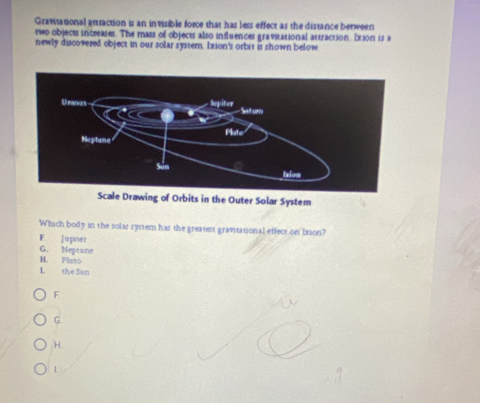 Gravitational attraction is an invisible force that has less effect as the distance between
two objects increases. The mass of objects also influences gravitational attraction. Ixion is a
newly discovered object in our solar system. Ixion's orbit is shown below.
Scale Drawing of Orbits in the Outer Solar System
Which body in the solar system has the greatest gravitational effect on Ixion?
F Jupiter
G. Neptune
H. Pluto
L the Sun
F.
G.
H.
L