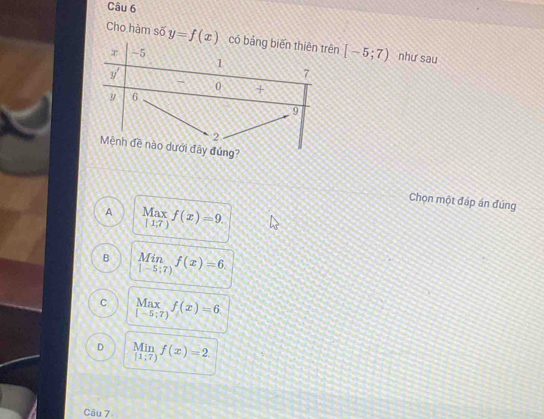 Cho hàm s Soverline O y=f(x) [-5;7) như sau
Chọn một đáp án đúng
A Max f(x)=9.
(1,7)
B limlimits _1-5:7)f(x)=6.
C limlimits _[-5:7)f(x)=6.
D limlimits _|1;7)f(x)=2
Câu 7