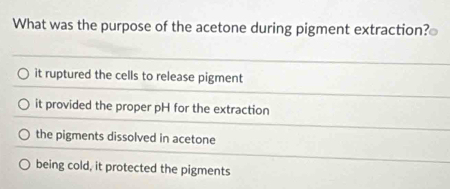 Solved: What was the purpose of the acetone during pigment extraction ...