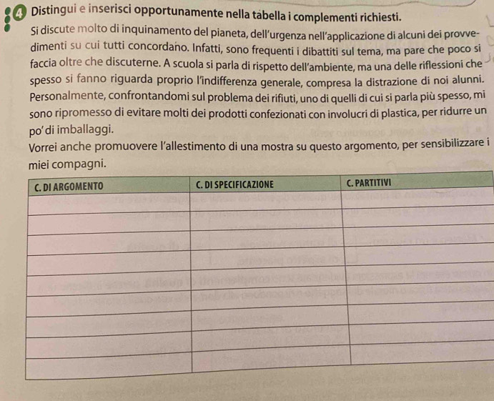 Distingui e inserisci opportunamente nella tabella i complementi richiesti. 
Si discute molto di inquinamento del pianeta, dell’urgenza nell’applicazione di alcuni dei provve- 
dimenti su cui tutti concordano. Infatti, sono frequenti i dibattiti sul tema, ma pare che poco si 
faccia oltre che discuterne. A scuola si parla di rispetto dell’ambiente, ma una delle riflessioni che 
spesso si fanno riguarda proprio l’indifferenza generale, compresa la distrazione di noi alunni. 
Personalmente, confrontandomi sul problema dei rifiuti, uno di quelli di cui si parla più spesso, mi 
sono ripromesso di evitare molti dei prodotti confezionati con involucri di plastica, per ridurre un 
po'di imballaggi. 
Vorrei anche promuovere l’allestimento di una mostra su questo argomento, per sensibilizzare i