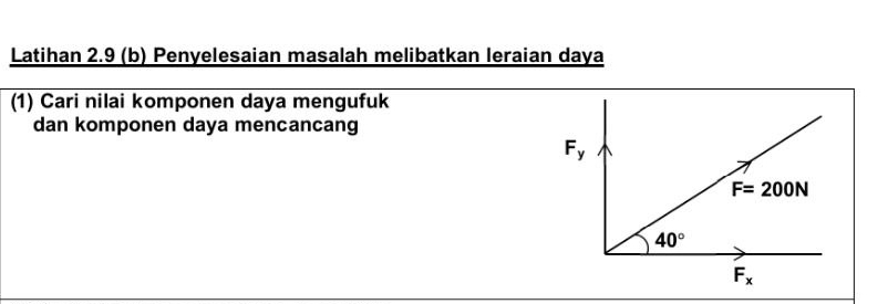 Latihan 2.9 (b) Penyelesaian masalah melibatkan leraian daya
(1) Cari nilai komponen daya mengufuk
dan komponen daya mencancang