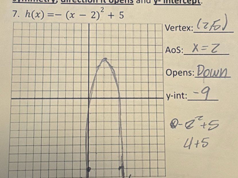 afrection it opens and y - intercept. 
7. h(x)=-(x-2)^2+5
rtex: 
_ 
_ 
AoS: 
pens:_ 
nt:_