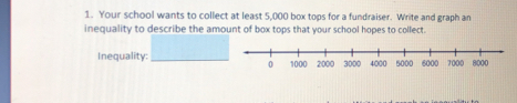 Your school wants to collect at least 5,000 box tops for a fundraiser. Write and graph an
inequality to describe the amount of box tops that your school hopes to collect.
Inequality: 
。