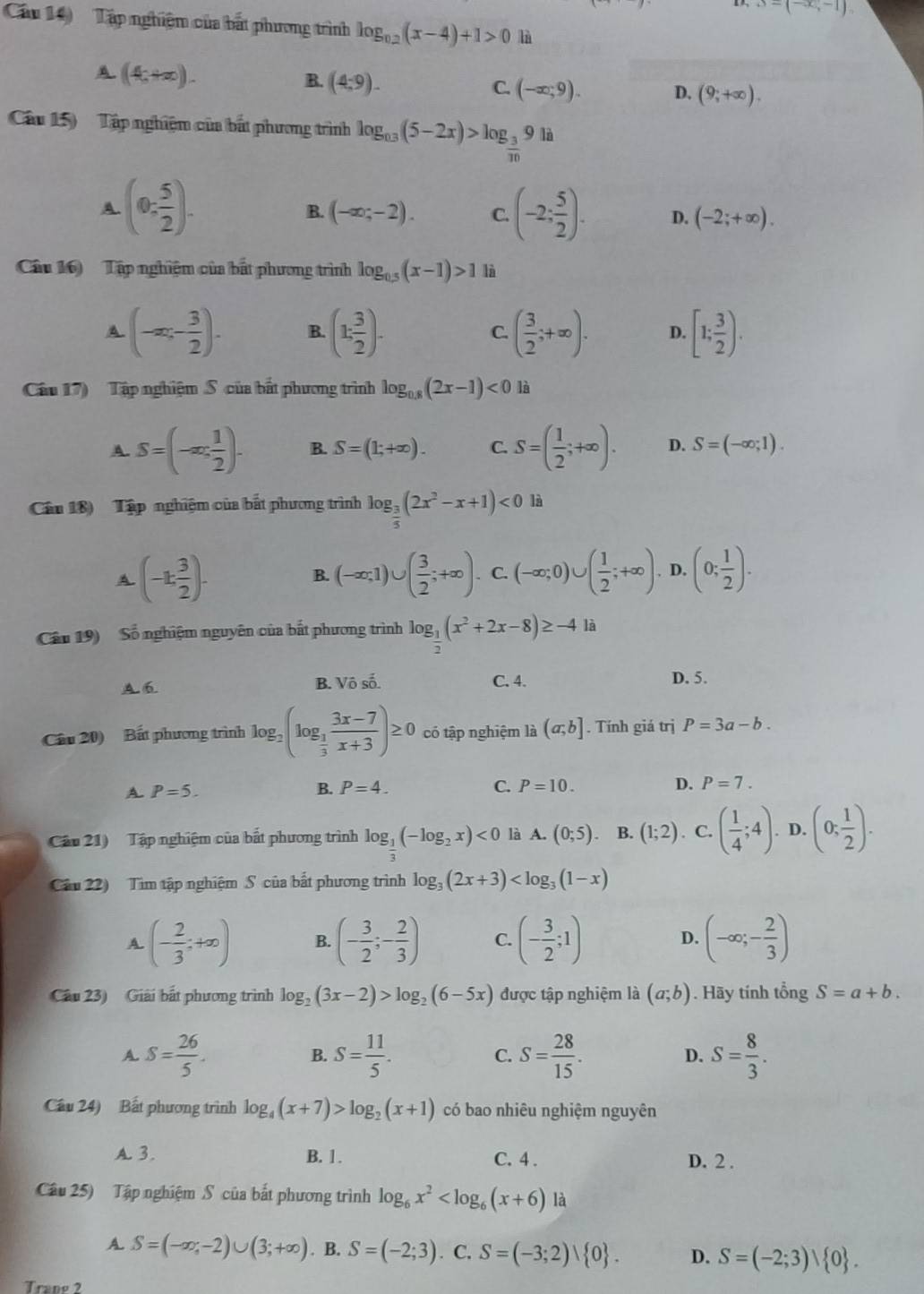 S=(-x,-1)
Câu 14)  Tập nghiệm của bắt phương trình log _0.2(x-4)+1>0 lù
A (4c+∈fty ).
B. (4,9).
C. (-∈fty ;9). D. (9;+∈fty ).
Câu 15) Tập nghiệm của bắt phương trình log _0.3(5-2x)>log _ 3/10 9 là
A. (0; 5/2 ). (-2; 5/2 ). D. (-2;+∈fty ).
B. (-∈fty ;-2). C.
Câu 16  Tập nghiệm của bất phương trình log _0.5(x-1)>1 là
A (-∈fty ,- 3/2 ). B. (1: 3/2 ). C. ( 3/2 ;+∈fty ). D. [1; 3/2 ).
Câu 17)  Tập nghiệm S của bắt phương trình log _0.8(2x-1)<0</tex> là
A S=(-∈fty , 1/2 ). B. S=(1;+∈fty ). C. S=( 1/2 ;+∈fty ). D. S=(-∈fty ;1).
Cân 18)  Tập nghiệm của bắt phương trình log _ 3/5 (2x^2-x+1)<0</tex> là
A (-1: 3/2 ).
B. (-∈fty ,1)∪ ( 3/2 ;+∈fty ). C. (-∈fty ;0)∪ ( 1/2 ;+∈fty ).D.( (0; 1/2 ).
Cn 19)  Số nghiệm nguyên của bất phương trình log _ 1/2 (x^2+2x-8)≥ -4 là
A 6 B. Vô số. C. 4.
D. 5.
Cầu 20) Bất phương trình log _2(log _ 1/3  (3x-7)/x+3 )≥ 0 có tập nghiệm là (a;b]. Tính giá trị P=3a-b.
A. P=5. B. P=4. C. P=10. D. P=7.
Câu 21) Tập nghiệm của bắt phương trình log _ 1/3 (-log _2x)<0</tex> là A. (0;5) B. (1;2). C. ( 1/4 ;4). D. (0; 1/2 ).
Câu 22) Tim tập nghiệm S của bất phương trình log _3(2x+3)
A. (- 2/3 ;+∈fty ) B. (- 3/2 ;- 2/3 ) C. (- 3/2 ;1) D. (-∈fty ;- 2/3 )
Câu 23) Giải bất phương trình log _2(3x-2)>log _2(6-5x) được tập nghiệm là (a;b). Hãy tính tổng S=a+b.
A. S= 26/5 . S= 11/5 . S= 28/15 . S= 8/3 .
B.
C.
D.
Cầu 24) Bất phương trình log _4(x+7)>log _2(x+1) có bao nhiêu nghiệm nguyên
A. 3. B. 1 . C. 4 . D. 2 .
Câu 25) Tập nghiệm S của bắt phương trình log _6x^2 là
A. S=(-∈fty ,-2)∪ (3;+∈fty ). B. S=(-2;3). C, S=(-3;2)vee  0 . D. S=(-2;3)vee  0 .
Trang 2