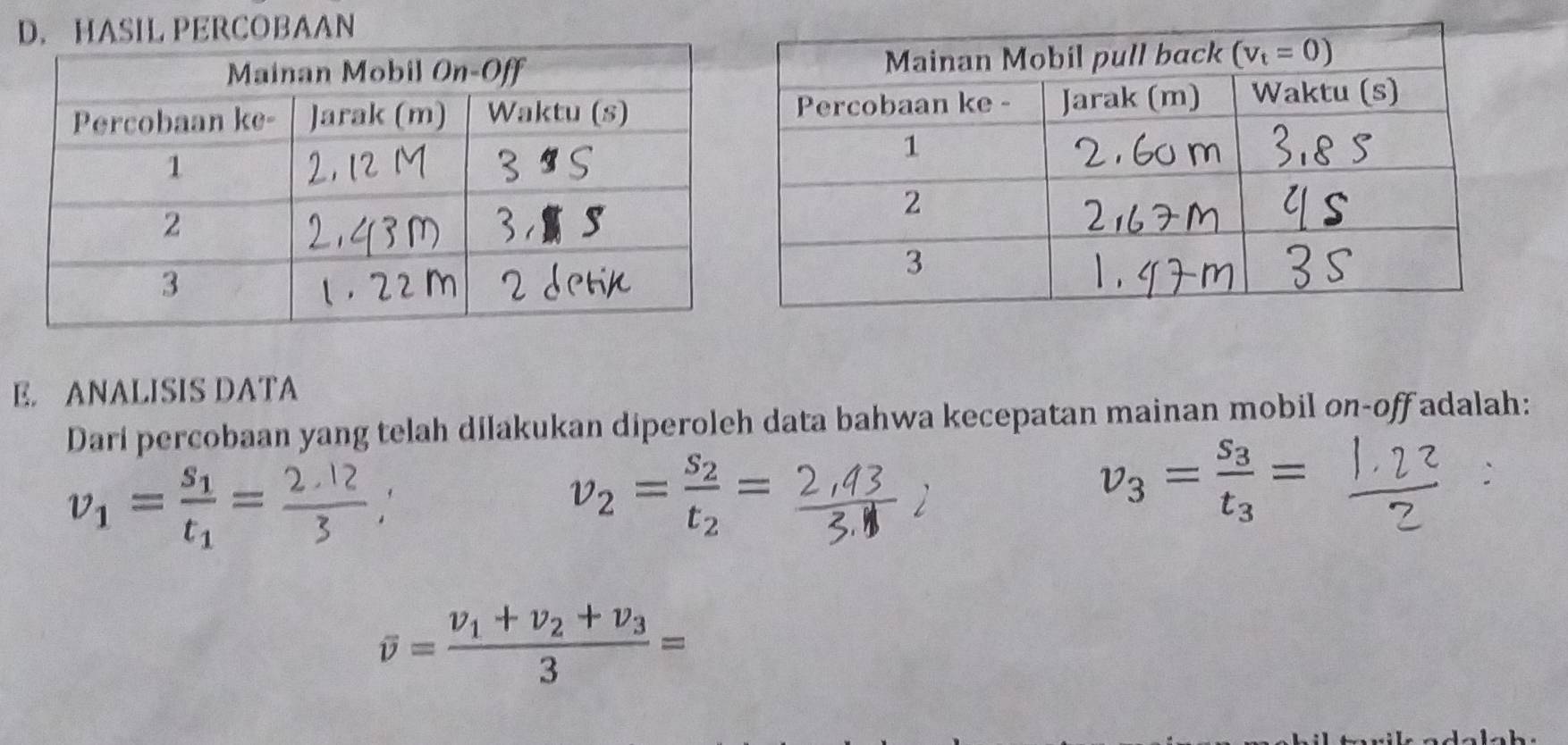 HASIL PERCOBAAN
E. ANALISIS DATA
Darí percobaan yang telah dilakukan diperoleh data bahwa kecepatan mainan mobil on-off adalah:
v_1=frac s_1t_1=frac 2
v_2=frac s_2t_2=
v_3=frac s_3t_3=
`
overline v=frac v_1+v_2+v_33=