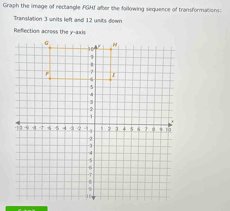 Graph the image of rectangle FGHI after the following sequence of transformations: 
Translation 3 units left and 12 units down 
Reflection across the y-axis