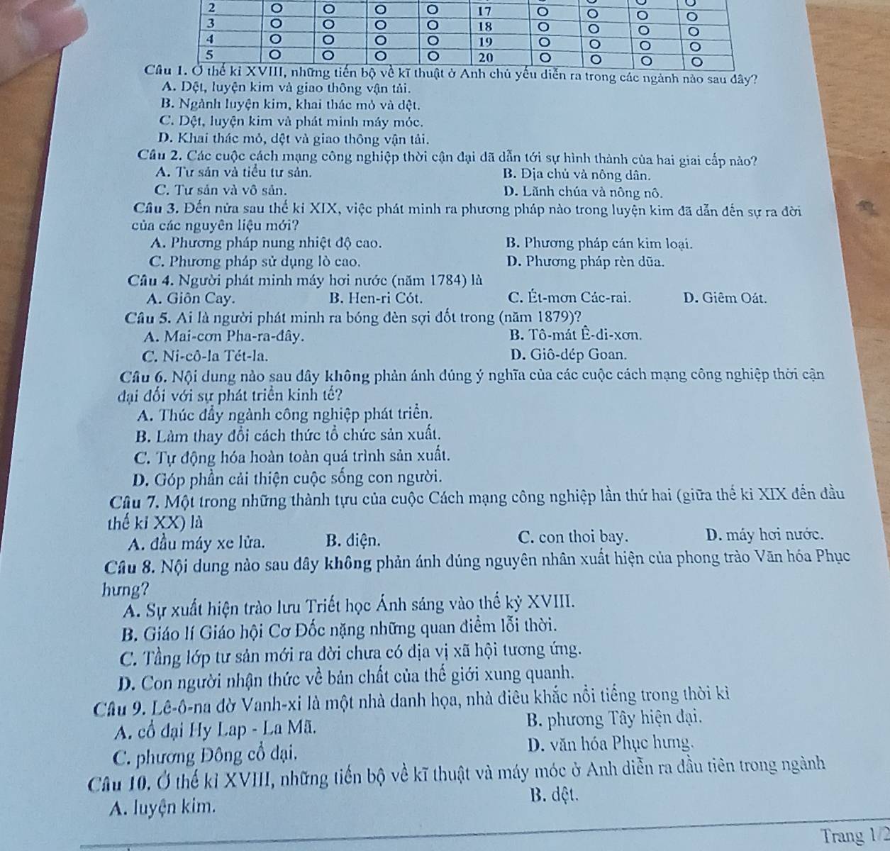 nào sau dây?
A. Dệt, luyện kim và giao thông vận tải.
B. Ngành luyện kim, khai thác mỏ và dệt.
C. Dệt, luyện kim và phát minh máy móc.
D. Khai thác mỏ, dệt và giao thông vận tải.
Câu 2. Các cuộc cách mạng công nghiệp thời cận đại dã dẫn tới sự hình thành của hai giai cấp nào?
A. Tư sản và tiểu tư sản. B. Địa chủ và nông dân.
C. Tư sản và vô sản. D. Lãnh chúa và nông nô.
Câu 3. Đến nửa sau thể ki XIX, việc phát minh ra phương pháp nào trong luyện kim đã dẫn đến sự ra đời
của các nguyên liệu mới?
A. Phương pháp nung nhiệt độ cao. B. Phương pháp cán kim loại.
C. Phương pháp sử dụng lò cao. D. Phương pháp rèn dũa.
Câu 4. Người phát minh máy hơi nước (năm 1784) là
A. Giôn Cay. B. Hen-ri Cót. C. Ét-mơn Các-rai. D. Giêm Oát.
Câu 5. Ai là người phát minh ra bóng đèn sợi đốt trong (năm 1879)?
A. Mai-cơn Pha-ra-đây. B. Tô-mát Ê-di-xơn.
C. Ni-cô-la Tét-la. D. Giô-dép Goan.
Câu 6. Nội dung nào sau dây không phản ánh dúng ý nghĩa của các cuộc cách mạng công nghiệp thời cận
đại đổi với sự phát triển kinh tế?
A. Thúc đẩy ngành công nghiệp phát triển.
B. Làm thay đổi cách thức tổ chức sản xuất.
C. Tự động hóa hoàn toàn quá trình sản xuất.
D. Góp phần cải thiện cuộc sống con người.
Câu 7. Một trong những thành tựu của cuộc Cách mạng công nghiệp lần thứ hai (giữa thế ki XIX đến đầu
thế kỉ XX) là
A. đầu máy xe lửa. B. diện. C. con thoi bay. D. máy hơi nước.
Câu 8. Nội dung nào sau dây không phản ánh dúng nguyên nhân xuất hiện của phong trào Văn hóa Phục
hưng?
A. Sự xuất hiện trào lưu Triết học Ánh sáng vào thế kỷ XVIII.
B. Giáo lí Giáo hội Cơ Đốc nặng những quan điểm lỗi thời.
C. Tầng lớp tư sản mới ra đời chưa có địa vị xã hội tương ứng.
D. Con người nhận thức về bản chất của thế giới xung quanh.
Câu 9. Lê-ô-na dờ Vanh-xi là một nhà danh họa, nhà điêu khắc nổi tiếng trong thời ki
A. cổ đại Hy Lap - La Mã.  B. phương Tây hiện đại.
C. phương Đông cổ đại,
D. văn hóa Phục hưng.
Câu 10, Ở thế kỉ XVIII, những tiến bộ về kĩ thuật và máy móc ở Anh diễn ra đầu tiên trong ngành
A. luyện kim.
B. dệt.
Trang 1/2