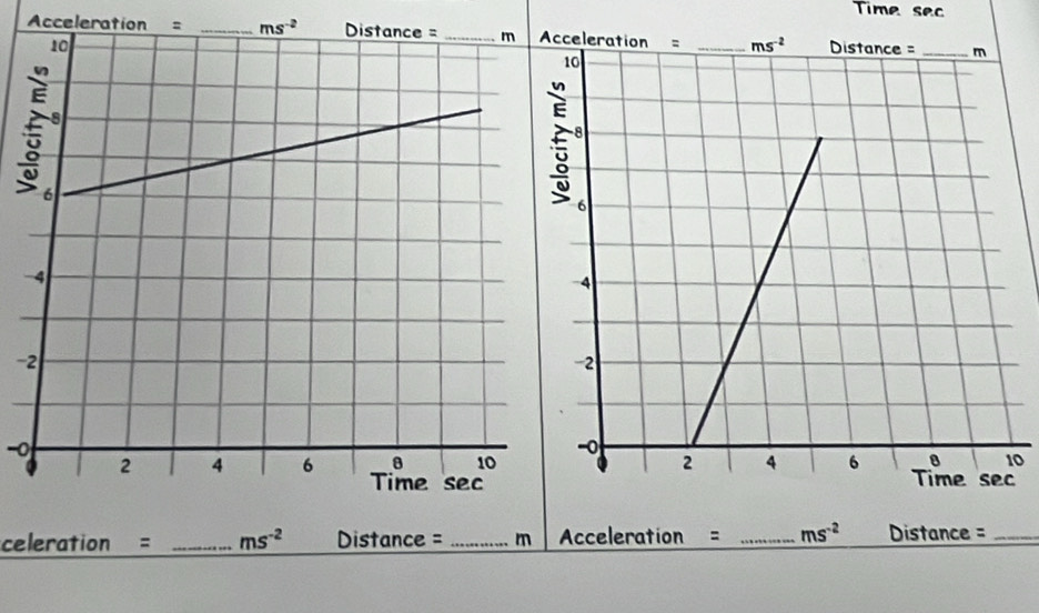 Time sec
Acceleration = _ ms^(-2) e
-
-0
0
 
celeration = _ ms^(-2) Distance = _m Acceleration = _ ms^(-2) Distance =_