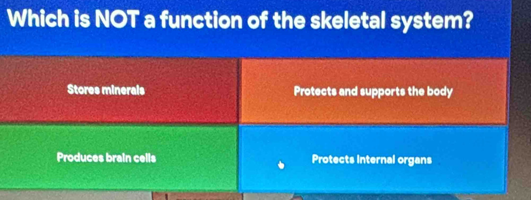 Which is NOT a function of the skeletal system?
Stores minerals Protects and supports the body
Produces brain cells Protects internal organs