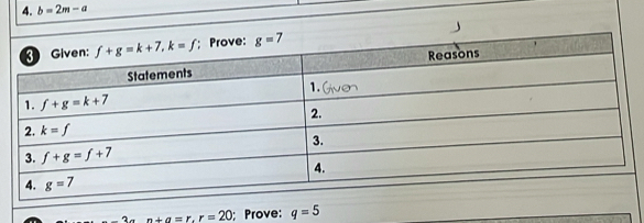 b=2m-a
n+a=r.r=20; Prove: q=5