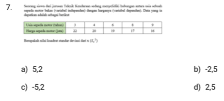 Seorang siswa dari jurusan Teknik Kendaraan sedang menyelidiki hubungan antara usia sebuah
dapatkan adalah sebagai berikut sepeda motor bekas (variabel independen) dengan harganya (variabel dependen). Duta yang ia
Berapakah nilai kuađrat stanđar deviasi dari x (5,^2)
a) 5,2 b) -2,5
c) -5,2 d) 2,5