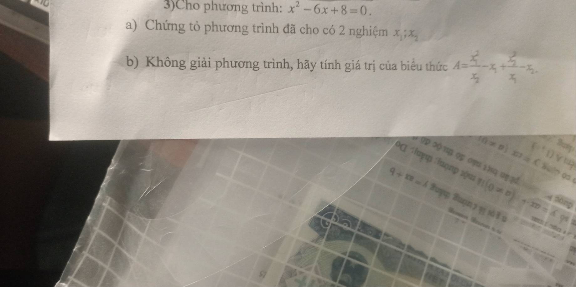 3)Cho phương trình: x^2-6x+8=0. 
a) Chứng tỏ phương trình đã cho có 2 nghiệm x_1; x_2
b) Không giải phương trình, hãy tính giá trị của biểu thức A=frac (x_1)^2x_2-x_1+frac (x_2)^2x_1-x_2. 
D ∞ ( 1 
m 
1+ 
to