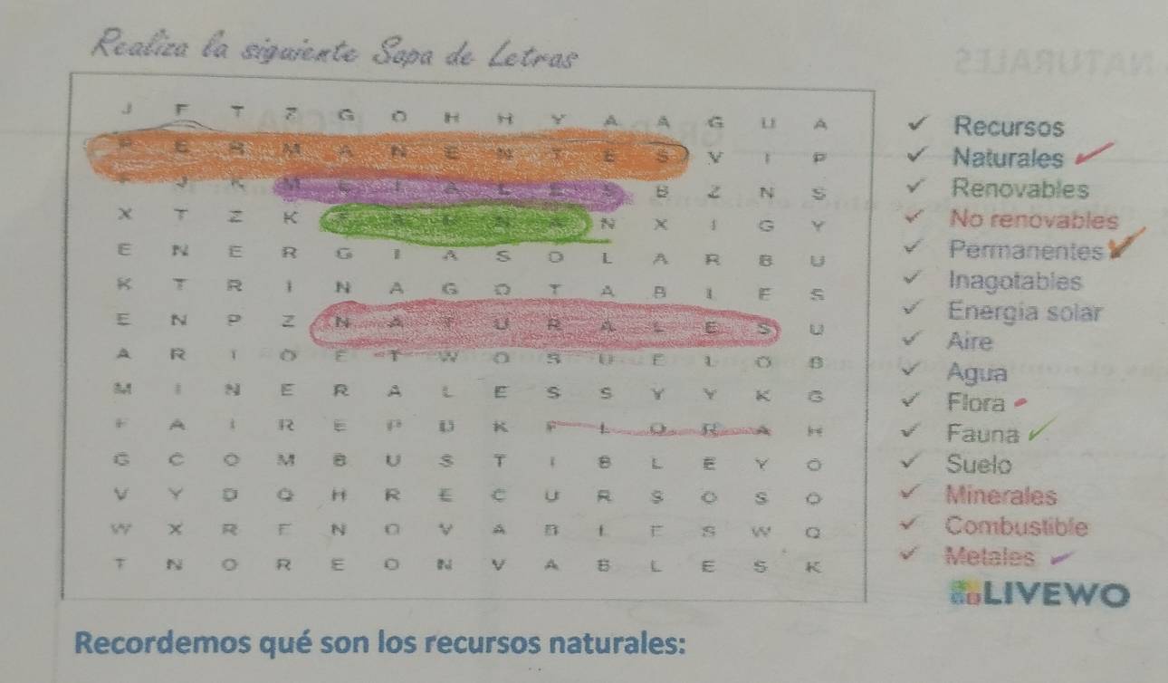 Realiza la siguiente Sapa de Letras 
Recursos 
Naturales 
Renovables 
No renovables 
Permanentes 
Inagotables 
Energia solar 
Aire 
Agua 
Flora 
Fauna 
Suelo 
Minerales 
Combustible 
Metales 
LIVEWO 
Recordemos qué son los recursos naturales: