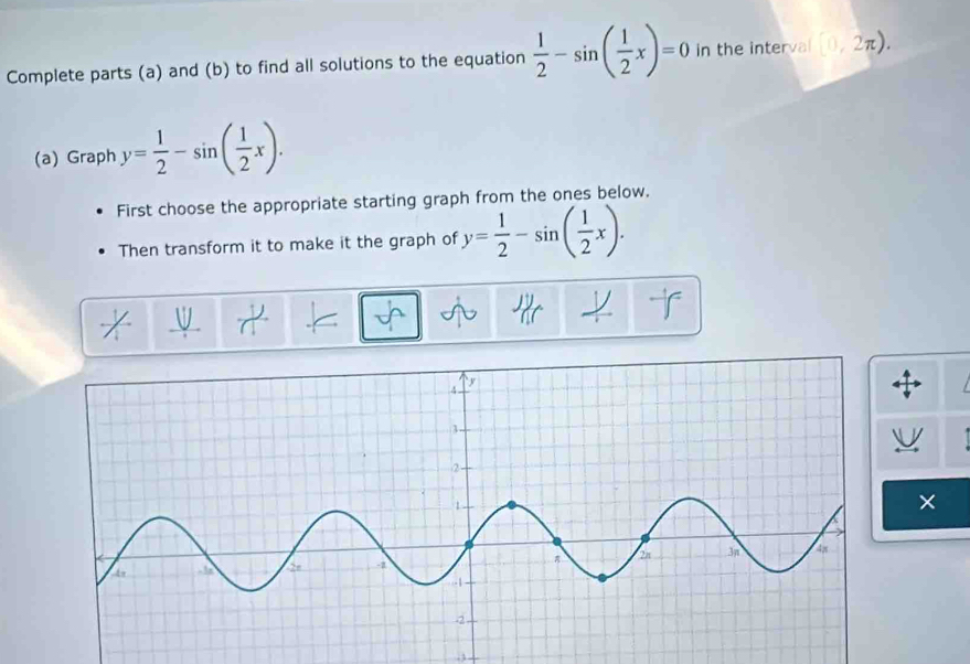 Complete parts (a) and (b) to find all solutions to the equation  1/2 -sin ( 1/2 x)=0 in the interval  0,2π ). 
(a) Graph y= 1/2 -sin ( 1/2 x). 
First choose the appropriate starting graph from the ones below, 
Then transform it to make it the graph of y= 1/2 -sin ( 1/2 x). 
× 
.3