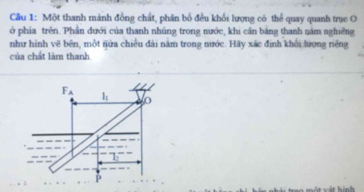 Cầu 1: Một thanh mảnh đồng chất, phân bố đều khối lượng có thể quay quanh trục O
ở phía trên. Phần dưới của thanh nhúng trong nước, khi cân bằng thanh nam nghiêng
như hình vẽ bên, một nửa chiều dài nằm trong nước. Hãy xác định khối lượng riệng
của chất làm thanh
so một vật hình