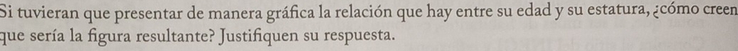 Si tuvieran que presentar de manera gráfica la relación que hay entre su edad y su estatura, ¿cómo creen 
que sería la figura resultante? Justifiquen su respuesta.