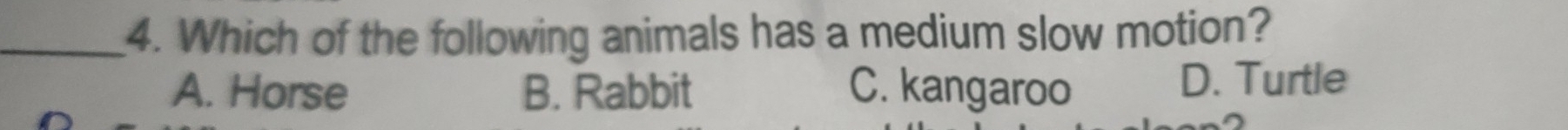 Which of the following animals has a medium slow motion?
A. Horse B. Rabbit C. kangaroo D. Turtle