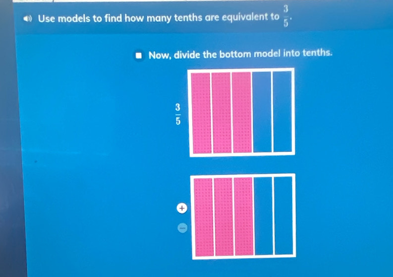 ● Use models to find how many tenths are equivalent to  3/5 .
Now, divide the bottom model into tenths.