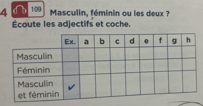 4 0 b 109 Masculin, féminin ou les deux ? 
Écoute les adjectifs et coche.