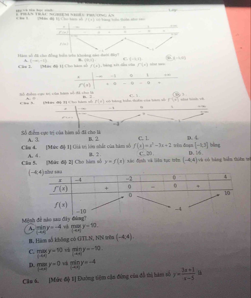 Họ và tên học sinh: Lip
l phản trảc nNghiệm nhiêu phương ản
Cầu 1. [Mức độ 1] Cho hàm số f(x) có bảng biển thiên như sau
Hàm số đã cho đồng biển trên khoảng nào dưới đây?
C.
A. (-∈fty ,-1). B. (0;1) (-1;l). D. (-1;0)
Câu 2. [Mức độ 1] Cho hàm số f(x) , bảng xét dầu của f'(x) như sau:
Số điểm cực trị của hàm số đã cho là D) 3.
A. 0 B. 2 . C. 1.
Câu 3. [Mức độ 2] Cho hàm số f(x) có bảng biển thiên của hàm số f'(x) như hình vẽ
— O - 1 0 A 
z
1
3
Số điểm cực trị của hàm số đã cho là
A. 3. B. 2. C. 1. D. 4.
Câu 4. [Mức độ 1] Giá trị lớn nhất của hàm số f(x)=x^3-3x+2 trên đoạn [-1;3] bằng
A. 4 . B. 2 . C. 20 D. 16.
Câu 5. [Mức độ 2] Cho hàm số y=f(x) xác định và liên tục trên (-4;4) và có bảng biến thiên trê
Mệnh đề nào sau đây đúng?
A limlimits _(-4,4)y=-4 và max y=10.
(-4:4)
B. Hàm số không có GTLN, NN trên (-4;4).
C. max y=10 và miny=-10.
beginarrayr (11a)^y (-4c4)endarray
D. max y=0 và miny=-4
(-4,4)
Câu 6. [Mức độ 1] Đường tiệm cận đứng của đồ thị hàm số y= (3x+1)/x-5  là