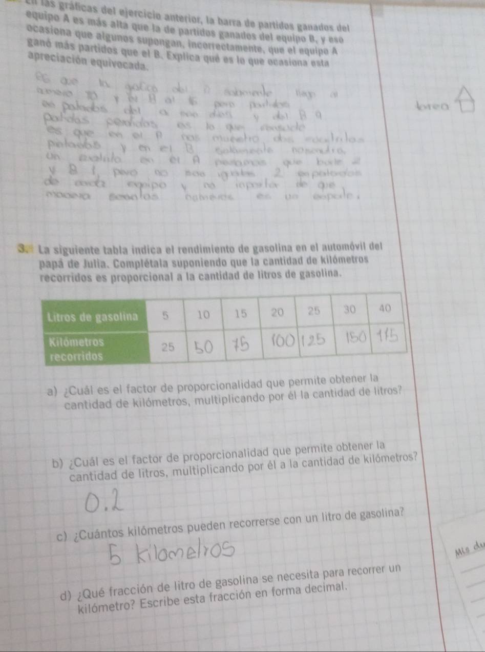 Il lás gráficas del ejercicio anterior, la barra de partidos ganados del 
equipo A es más alta que la de partidos ganados del equipo B, y eso 
ocasiona que algunos supongan, incorrectamente, que el equipo A 
ganó más partidos que el B. Explica qué es lo que ocasiona esta 
apreciación equivocada. 
3. La siguiente tabla indica el rendimiento de gasolina en el automóvil del 
papá de Julia. Complétala suponiendo que la cantidad de kilómetros 
recorridos es proporcional a la cantidad de litros de gasolina. 
a) ¿Cuál es el factor de proporcionalidad que permite obtener la 
cantidad de kilómetros, multiplicando por él la cantidad de litros? 
b) ¿Cuál es el factor de proporcionalidad que permite obtener la 
cantidad de litros, multiplicando por él a la cantidad de kilómetros? 
c) ¿Cuántos kilómetros pueden recorrerse con un litro de gasolina? 
_ 
_ 
_ 
d) ¿Qué fracción de litro de gasolina se necesita para recorrer un 
_ 
kilómetro? Escribe esta fracción en forma decimal.