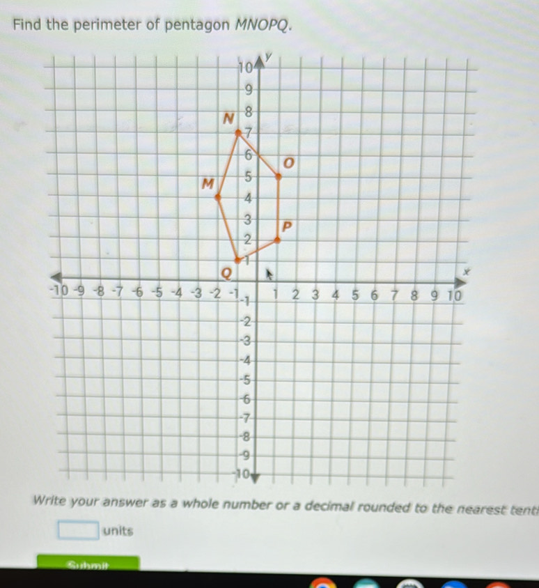 Find the perimeter of pentagon MNOPQ. 
s a whole number or a decimal rounded to the nearest tent 
□ units 
Suhmit