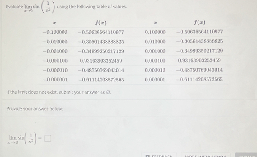 Evaluate limlimits _xto 0sin ( 1/x^2 ) using the following table of values.
If the limit does not exist, submit your answer as Ø.
Provide your answer below:
limlimits _xto 0sin ( 1/x^2 )=□