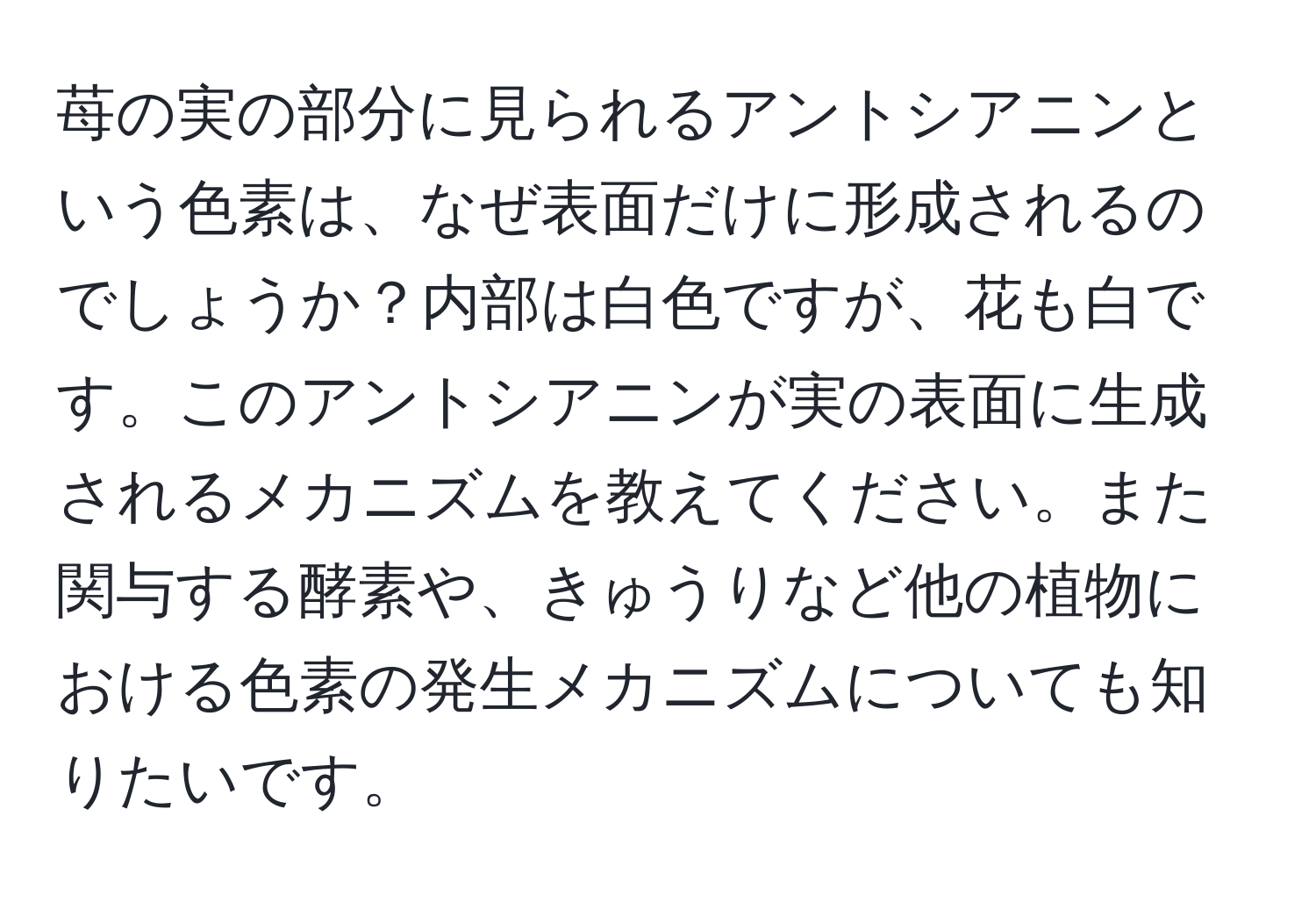 苺の実の部分に見られるアントシアニンという色素は、なぜ表面だけに形成されるのでしょうか？内部は白色ですが、花も白です。このアントシアニンが実の表面に生成されるメカニズムを教えてください。また関与する酵素や、きゅうりなど他の植物における色素の発生メカニズムについても知りたいです。