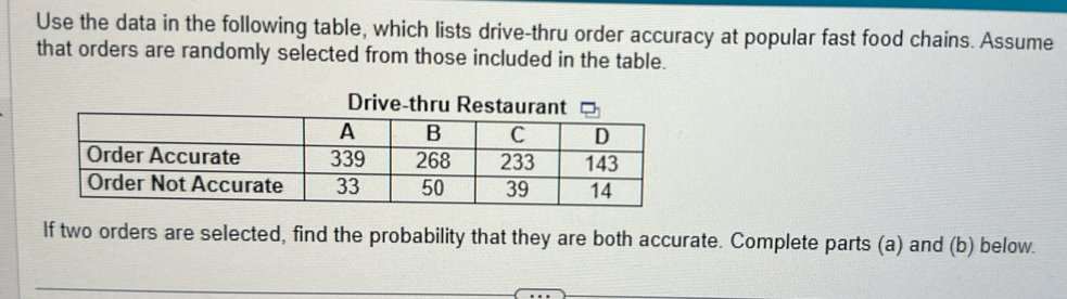 Use the data in the following table, which lists drive-thru order accuracy at popular fast food chains. Assume 
that orders are randomly selected from those included in the table. 
If two orders are selected, find the probability that they are both accurate. Complete parts (a) and (b) below.