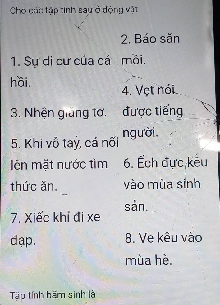 Cho các tập tính sau ở động vật 
2. Báo săn 
1. Sự di cư của cá mồi. 
hồi. 
4. Vẹt nói 
3. Nhện giang tơ. được tiếng 
5. Khi vỗ taý, cá nổi người. 
lên mặt nước tìm 6. Ếch đực kêu 
thức ăn. vào mùa sinh 
sản. 
7. Xiếc khỉ đi xe 
đạp. 8. Ve kêu vào 
mùa hè. 
Tập tính bẩm sinh là