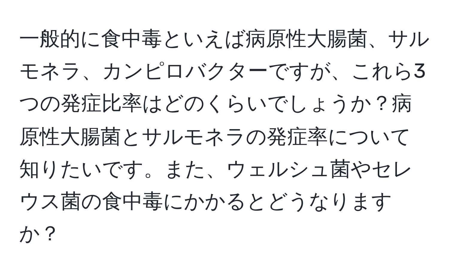 一般的に食中毒といえば病原性大腸菌、サルモネラ、カンピロバクターですが、これら3つの発症比率はどのくらいでしょうか？病原性大腸菌とサルモネラの発症率について知りたいです。また、ウェルシュ菌やセレウス菌の食中毒にかかるとどうなりますか？