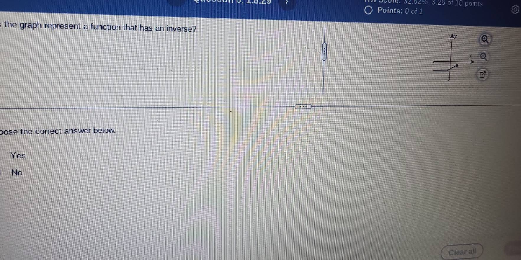 3cufe: 32.62%, 3.26 of 10 points
Points: 0 of 1
the graph represent a function that has an inverse?
bose the correct answer below.
Yes
No
Clear all