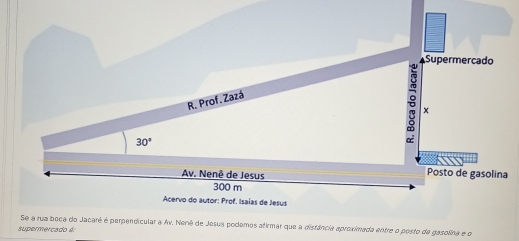 Supermercado 
R. Prof. Zazá 
x
30°
Av. Nenê de Jesus Posto de gasolina
300 m
Acervo do autor: Prof. Isaías de Jesus 
Se a rua boca do Jacaré é perpendícular a Av. Nenê de Jesus podemos afirmar que a distância aproximada entre o posto de gasolina e o 
supermercado é: