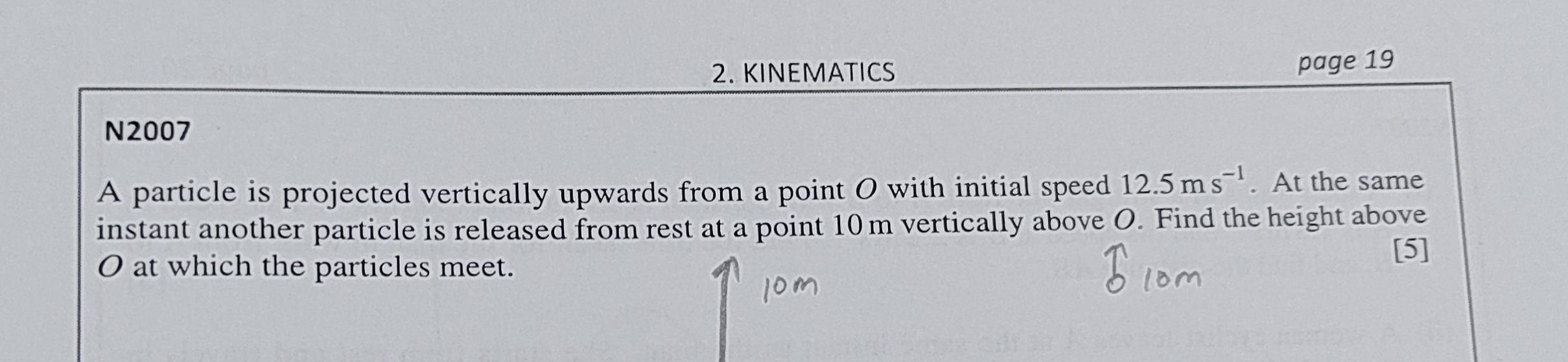 KINEMATICS page 19 
N2007 
A particle is projected vertically upwards from a point O with initial speed 12.5ms^(-1). At the same 
instant another particle is released from rest at a point 10m vertically above O. Find the height above 
[5] 
O at which the particles meet.